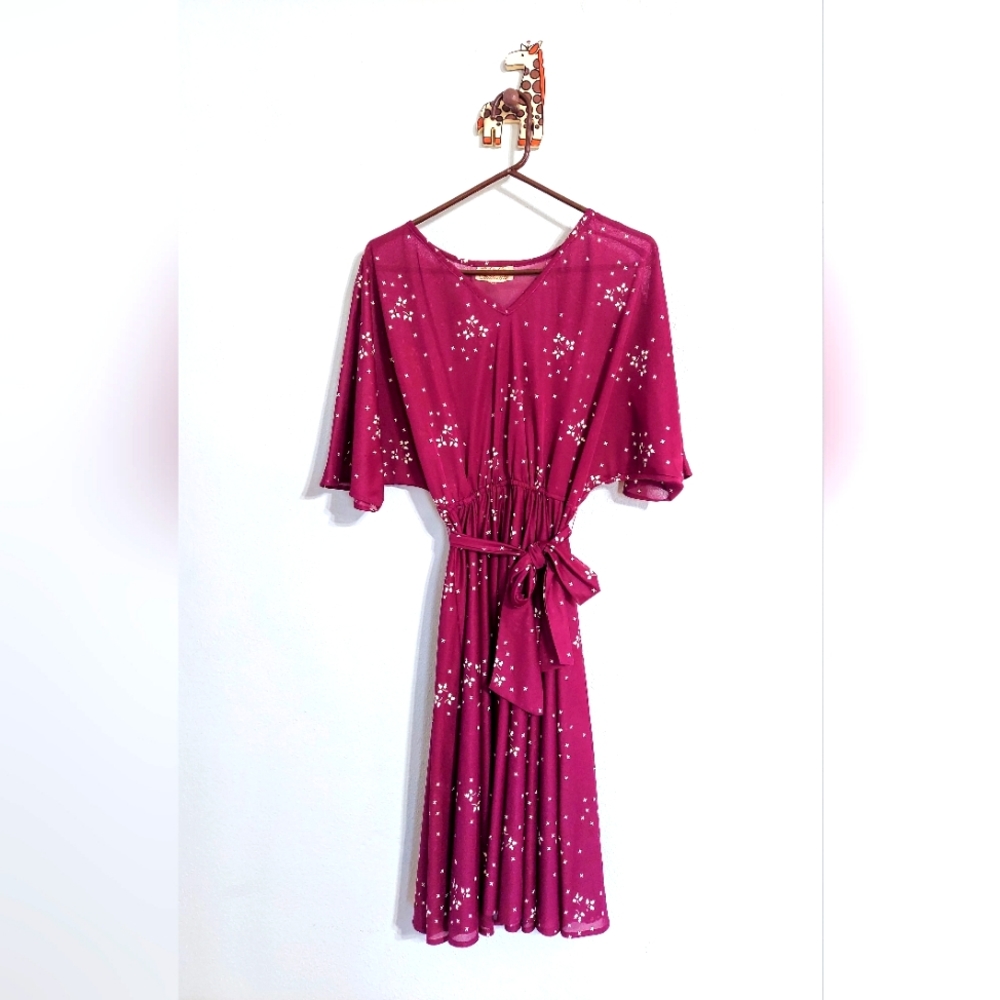 Vintage 1970s Disco Dress vtg 70s Sheer purple burgundy draped Batwing Sleeves